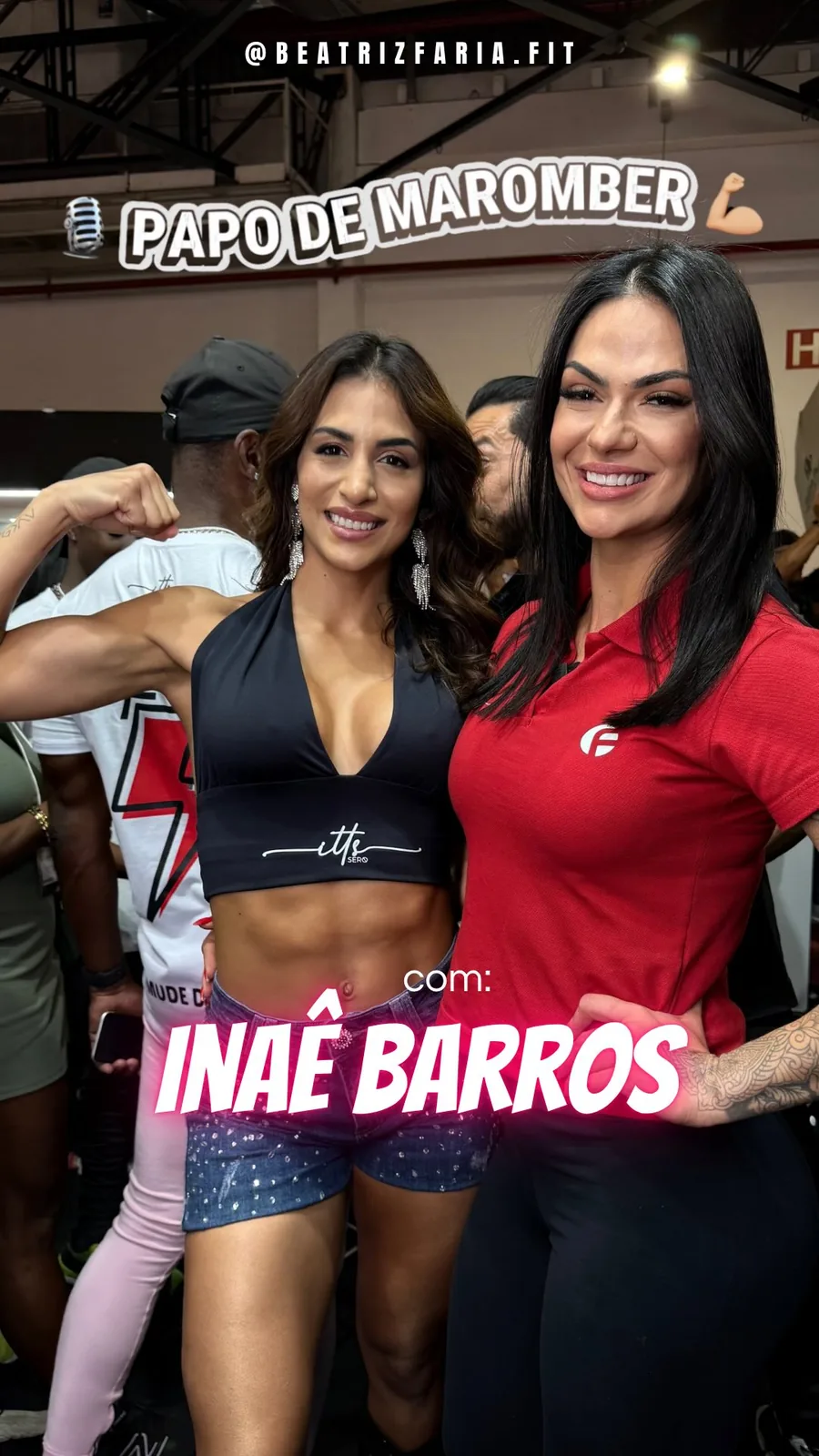 Beatriz Faria ao lado de Inaê Barros em uma feira, na divulgação do Papo de Maromber